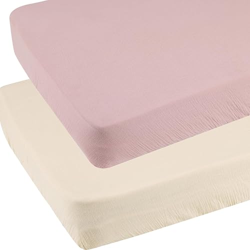 Juego de sábanas ajustables de muselina compatibles con 4moms Breeze Plus Playard y otros colchones grandes de 30 x 43 pulgadas, 100% algodón, beige