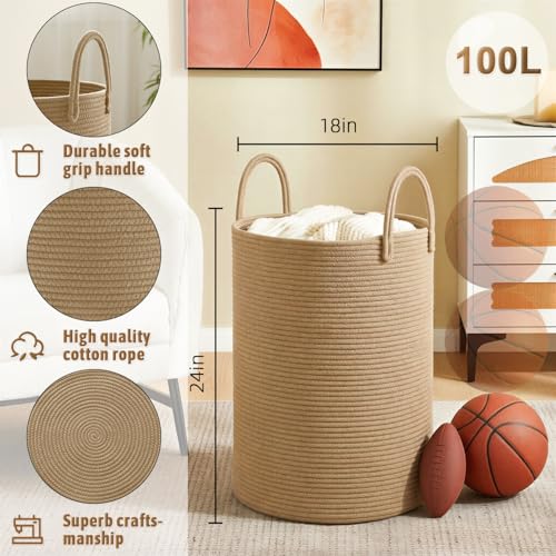 Image of Artfeel Laundry Basket,Woven Cotton Rope Laundry Hamper,100L for Decorative Storage of Dirty Clothes,Toys and Blankets in Bathroom,Baby Room and Living Room