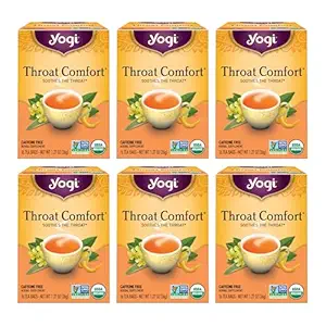Yogi Tea - Throat Comfort (6 Pack) - Soothes the Throat with Wild Cherry Bark, Licorice Root, Mullein, and Ginger - Caffeine Free - 96 Organic Herbal Tea Bags