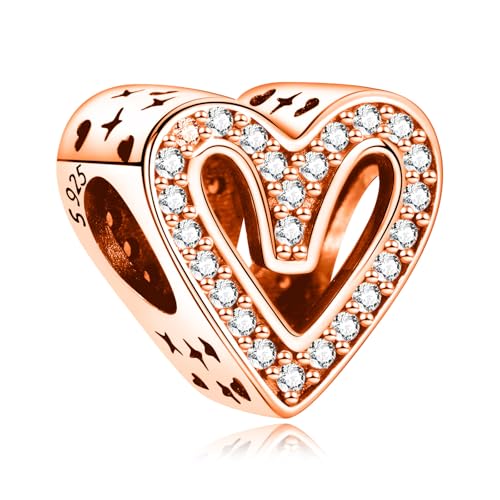 Image of S925 Sterling Silver Rose Gold Romantic Charm Pendant, Gifts for Family Friends Girlfriend, Valentine's Day Birthday Christmas Anniversary, Bracelet Necklace Bead Dangle Charm for Women Jewelry