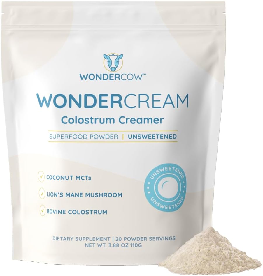 WONDERCOW Bovine Colostrum Superfood Creamer Supplement Powder w/Organic Lions Mane Mushroom & Coconut Milk Powder MCTs | Functional Sugar Free Keto Coffee, Smoothie & Drink Mix Unsweetened