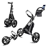 LTY Golf Push Cart, 3 Wheels Folding Golf cart with Foot Brake & Phone Holder & Waterproof Cooler Bag, Portable Lightweight Quick Open Fold Golf Cart, Adjustable Handle (Black)