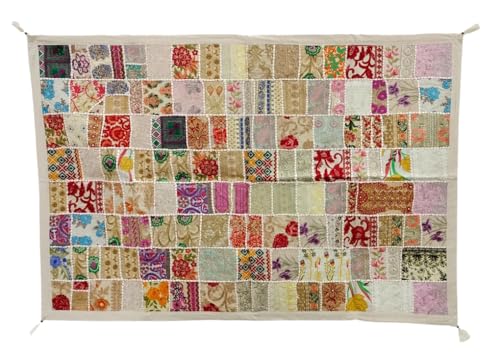 Image of Ekam Art Rajasthani Handmade Embroidery Cotton Patchwork Tapestry Cotton Wall Decor Hanging Beaded Tapestries 40 x 60 Inch (White)