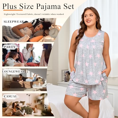 Image of Findsweet Plus Size Women's Pajamas Sets 2 Piece Soft Sleeveless Pjs Sleepwear Ladies Loungewear Sets with Pockets