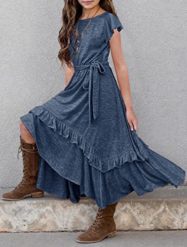 MITILLY Girls Loose Plain 3/4 Sleeve Casual Pocket Ruffle Swing Long Maxi Dress with Belt3
