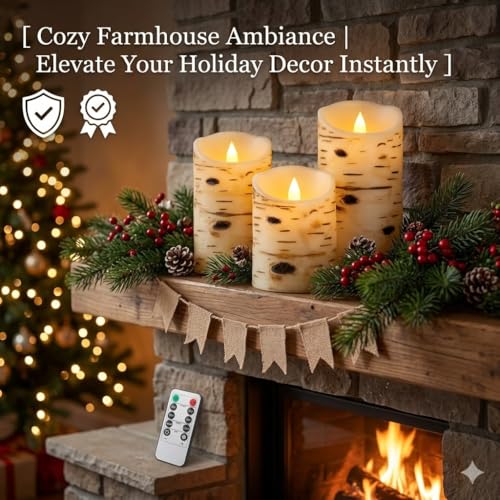 Image of Comenzar Flameless Candles Birch Bark Texture, Flickering Flame Battery Operated LED Candles, Electric Plastic Candles with Remote Timer for Home Decor, Rustic Wedding Centerpiece, Gift Set of 3