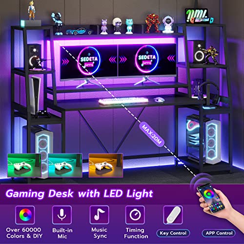 Sedeta Gaming Desk 78.8'' With Led Lights, Hutch And Storage Shelves, Computer Desk With Monitor Stand, Large Pc Gamer Desk Workstation, Ergonomic Gaming Table For Bedroom, Living Room, Black #TOP3