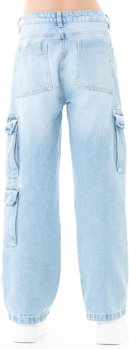 Nauty Blue Cargo Pants for Girls - High Waist Wide Leg Baggy Jean for Teens Fashionable Loose Fitting Flap Pocket Denim