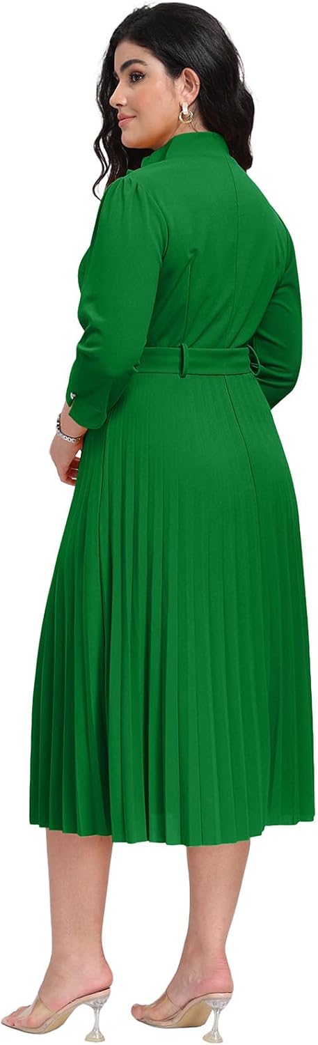 Ekaliy Women's V Neck Business Casual Shirt Dress for Women 3/4 Sleeves Pleated Midi Dresses with Belt - Image 2