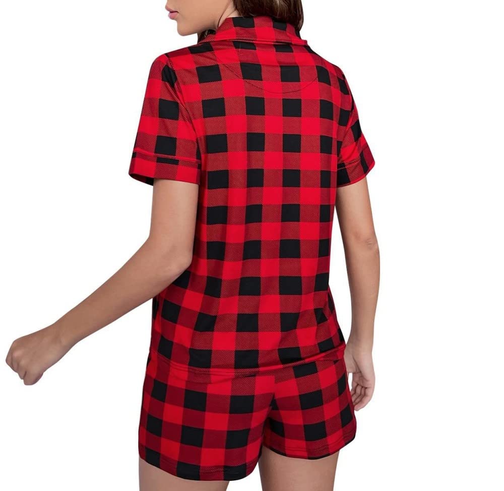 Donna Pigiama Estivo Due Pezzi,Risvolti Regolari con Stampa Scozzese Rossa Pigiama Estivo da Donna A Maniche Corte Set da 2 Pezzi Pigiama alla Moda Morbido Loungewear Regalo per La Festa della Mamma