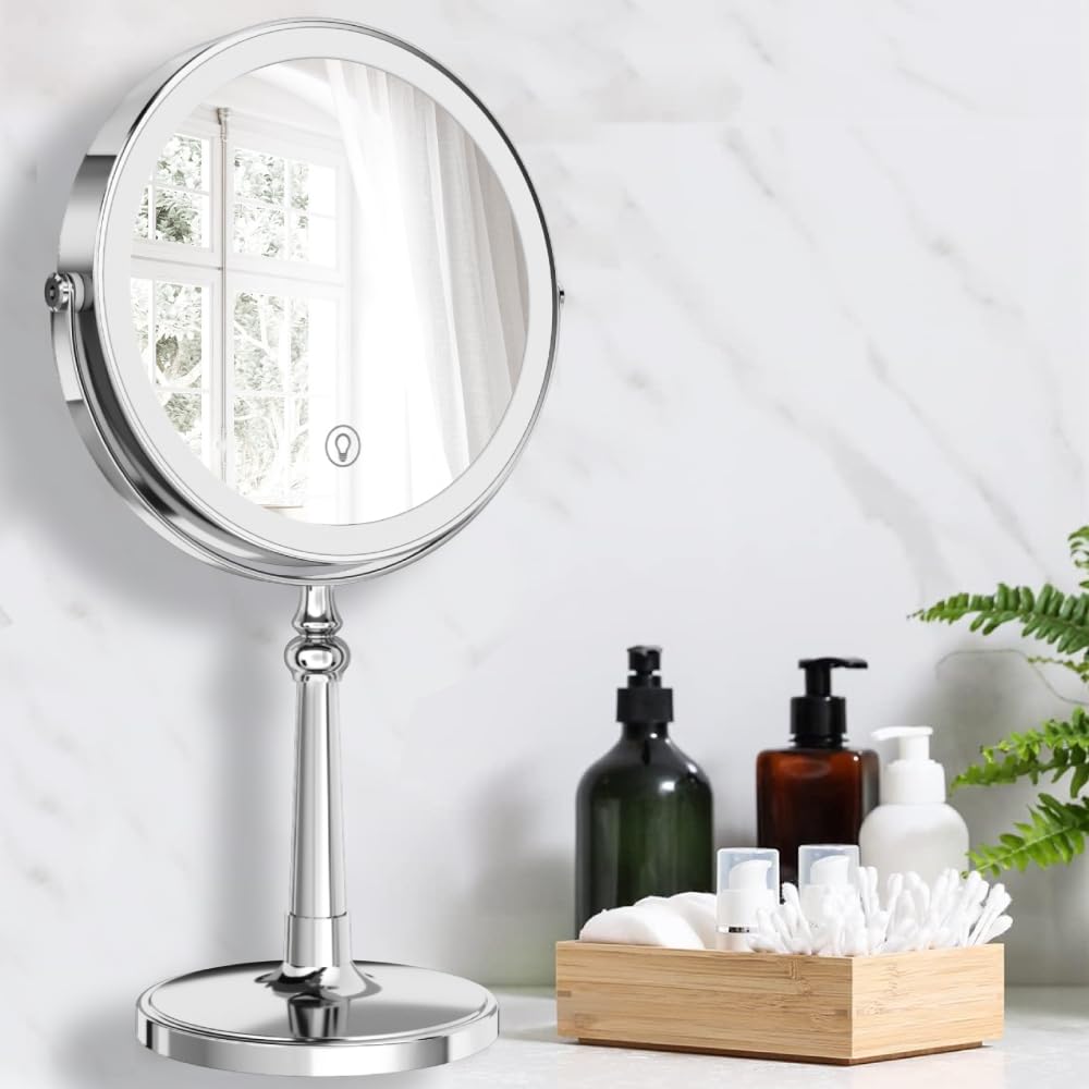 Specchio da trucco grande da 22,9 cm con luci, specchio bidirezionale cromato con ingrandimento 1x/10x, con luce e supporto, 4000 mAh, ricaricabile, specchio per trucco a LED per scrivania e tavolo da
