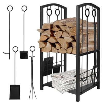 Fireplace Log Rack with 4 Pieces Fireplace Tools Set, Fire Wood Holder with Tongs Poker Brush and Shovel, Heavy Duty Steel Firewood Rack Indoor Outdoor