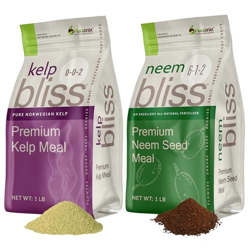 Kelp Bliss (1lb) + Neem Bliss (1lb) - Kelp Meal Organic Fertilizer & Neem Cake for Plants - Kelp Fertilizer for Plants - Neem Seed Meal Fertilizer - Natural Plant Food Rich in Vitamins & Nutrients
