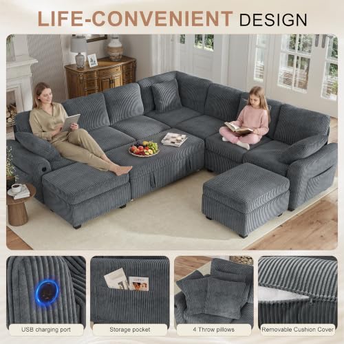 Image of Hanherry 106 inch Sectional Sofa with Pull Out Couch Bed,7 Seat Corduroy Sleeper Sofa with 2 Seat Storage & USB Charging,Storage Ottoman,Comfy Modular Couches for Living Room,Apartment