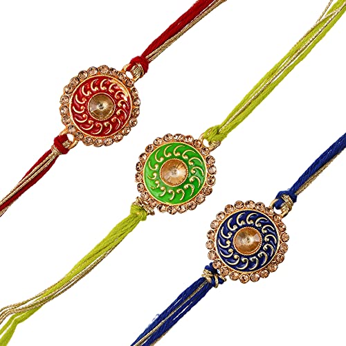 Image of eCraftIndia Set of 3 Blue, Green & Red Meenakari Designer Rakhis, Best Bro Ever Fridge Magnet with Roli Chawal Pack - Rakhi for Brother, Bhaiya, Bhai
