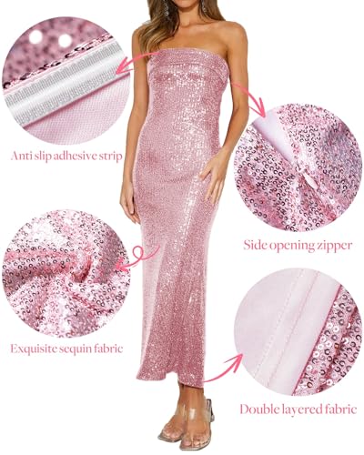 Image of Women Strapless midi Sequin Dresses Bodycon Sleeveless Wedding Guest Sparkly Glitter Formal Cocktail Dress