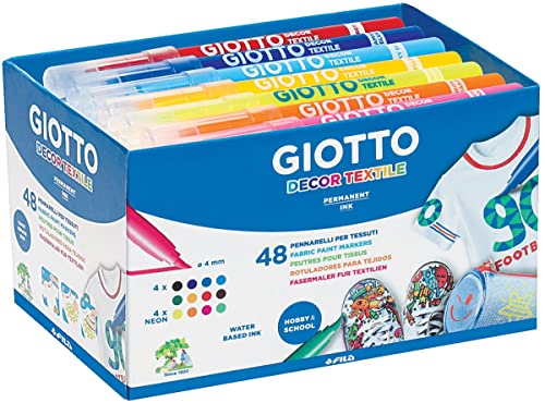 GIOTTO Decor Textile, Marcadores para tejidos, Punta Pincel, Schoolpack de Cartón, Colores Surtidos, 48 unidades