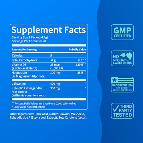 Image of Nello Supercalm Powdered Drink Mix, Cortisol Reducer* and Sleep Aid Supplement, L Theanine, Ksm-66 Ashwagandha, Magnesium Glycinate, Vitamin D 3, No Sugar, Non GMO, 20 Ct, Tropical Tangerine