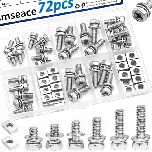 smseace 72Pack Battery Terminal Bolts and Nuts 6-Sizes M5x10/12/14&M6x16/18/20mm 304 Stainless Steel Motorcycle Battery Bolts with Square Nuts for ATV Bike Scooter Motorcycle