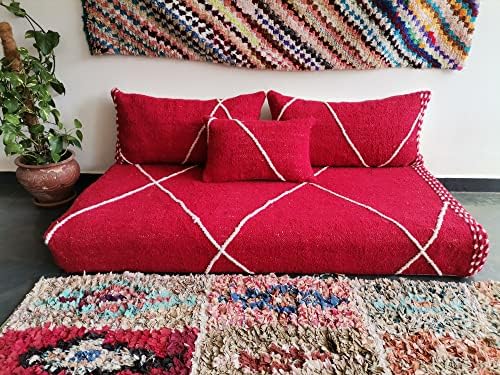 FoamRush Moroccan 6" x 28" x 84" Red/Cream Woven Textured Rope Floor Cushion Couch w/High Density Foam, Armless Loveseat, Floor Poof, Floor Sofa, Boho Couch, Modern Sofa, Floor Pillow, Back Support