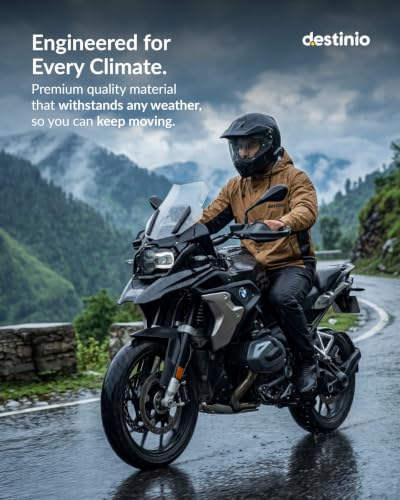 Image of Destinio Rain Coat for Men Waterproof with Hood, Thick Polyester, Leak Proof, Premium Zipper, Raincoat for Bike Riding, Double Layer Rain Suit for Riders, Rainwear Set