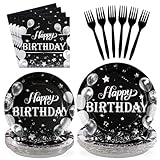 96Pcs Black and Silver Birthday Party Supplies Black and Silver Plates Disposable 350GSM Black White Tableware Set Black Birthday Party Decorations for Men Women Glitter Birthday Party Favor,Serve 24