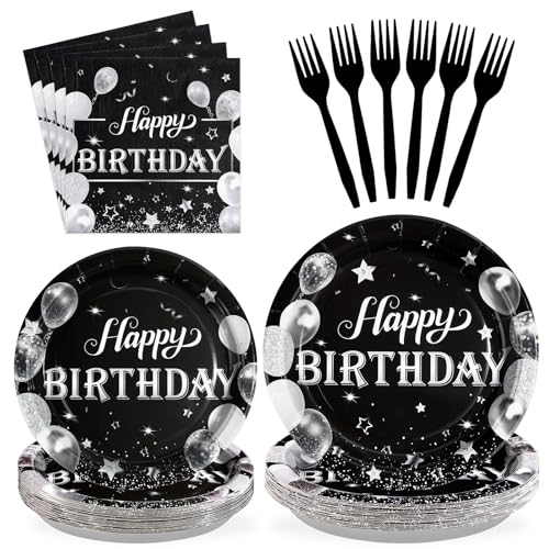 Greencian 96 Black and Silver Themed Birthday Party Decorations Serves 24