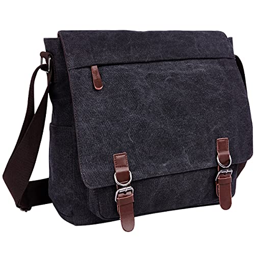 Iblue Large Vintage Canvas Leather Messenger Bag,Shoulder Bag Business Bag Bookbag for 15inch Laptop#A1067 (33cm black)