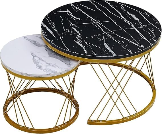 Image of Brown Art SHOPPEE Home Decor Furniture Round Coffee Table Sets,2 Piece MDF Top Couch Table,Stacking Nesting Table with Iron Frame for Living Room Living Room or Lounge (Gold & Black,White)