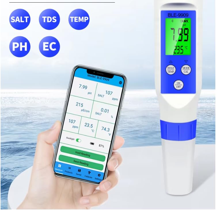 VIHELM BLE-9909 PH Meter alongside a smartphone displaying the mobile application interface with various measurement readings.