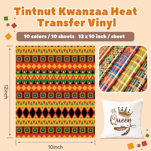 Image of Tintnut Kwanzaa HTV Vinyl - 10 Sheets 12 X 10inches Kente Pattern Printed Heat Transfer Vinyl African Amercian Iron on Vinyl for Clothes DIY