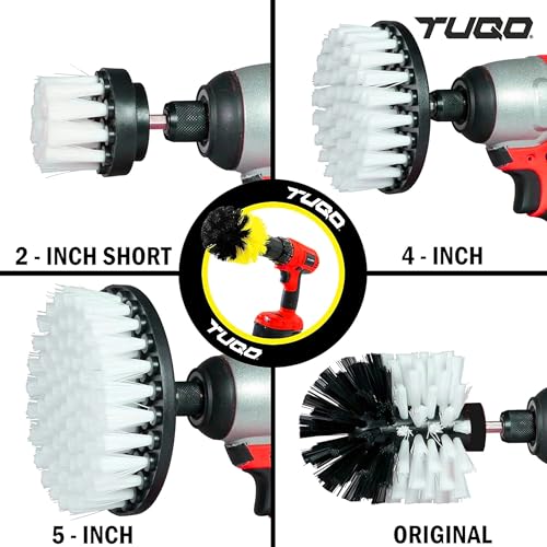 Image of TUQO SB20W, Drill Brush Attachment Set - Power Scrubber Brush Cleaning Kit - Upholstery,Wheels,Carpet, Glass & Leather | Soft Bristles | Hex Shank Fits Most Drills | White