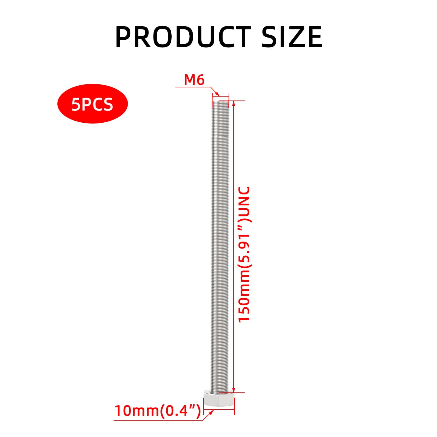 Aopin 5pcs SUS304 Stainless Steel M6 x 150mm Hex Head Bolts Screws Grade 8.8 Stainless Steel, Fasteners Fully Machine Threaded - Image 2