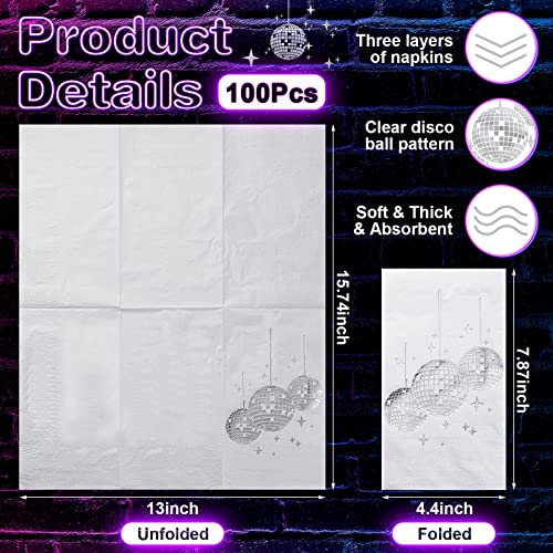 100 Pcs Disco Party Cocktail Napkins With Silver Foil Guest Towel Napkins Paper Disposable 70S 80S 90S Party Supplies Cocktail Napkins For Wedding Birthday Graduation 3 Ply 4 X 8 In (White Background) #TOP3