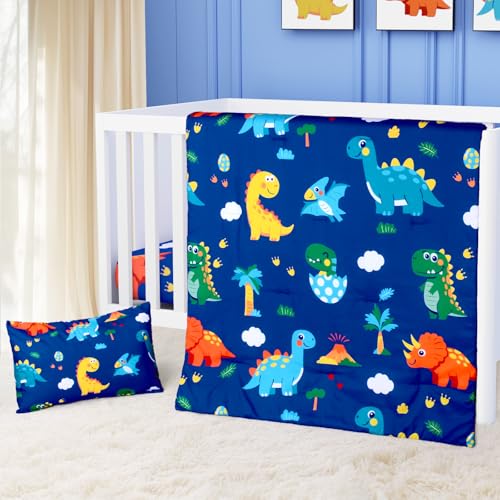 Image of Cloele Crib Bedding Set for Boys Girls- 3 Piece Dinosaur Baby Bedding Set Soft Comforter Bed Set Includes Toddler Pillowcase Crib Sheet Baby Quilt - Nursery Bedding Set for Boys-Colorful Dinosaur
