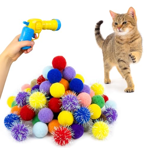 Shizhoo 50 Count 1.2 Inches Pom Pom Balls with Cat Ball Launcher Interactive Cat Toy for Indoor Kittens 25 Pcs Sparkle and 25 Pcs Simple Pompoms are Included for Exercise Training & Boredom Relief