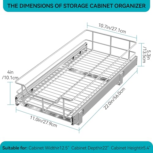 Image of Pull Out Cabinet Organizer 11 inch W X 22 inch D, Chromed, Full Slide Out Drawers