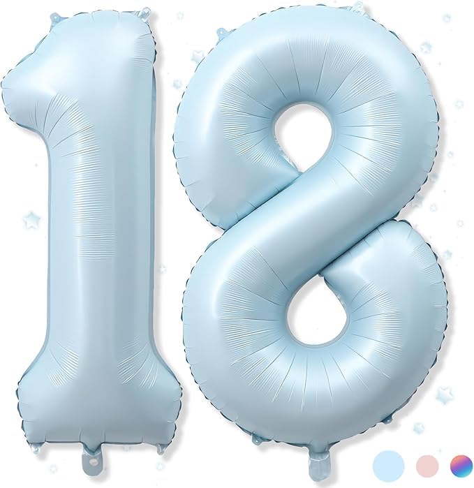 40 Inch Retro Dusty Blue Number 18 Foil Balloon Set (Pack of 2) for 18th Birthday, Milestone & Anniversary Decor | Large Matte Blue 18 Balloons for Boys, Girls, Boho Theme Party Decoration-image-39