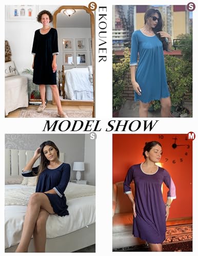 Image of Ekouaer Nightgowns for Women 3 /4 Sleeve Nightgown Pleated Sleepshirts