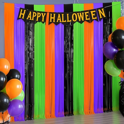 Image of 4 Packs Halloween Foil Fringe Curtain, Orange Black Purple and Green Metallic Tinsel Backdrop for Birthday, Baby Shower, Bachelorette, Halloween Party Decorations Favors Supplies Indoor Outdoor