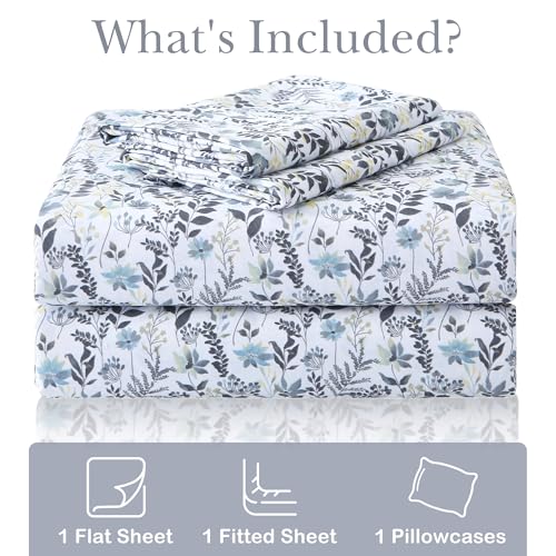 Image of Mooreeke Cozy Vintage Microfiber Printed Twin Sheet Set - Soft Breathable Floral Bed Sheets with Deep Pocket - Non-Slip Fitted Design - Yellow Blue Gray Gradient Flowers Pattern