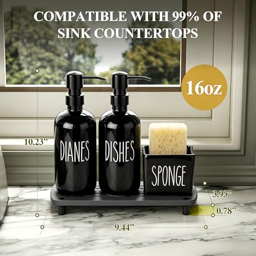 Image of Cisily Black Soap Dispenser Set with Ceramics Sponge Holder, Kitchen Decor | Black Stainless Steel Pumps, Instant Dry Tray
