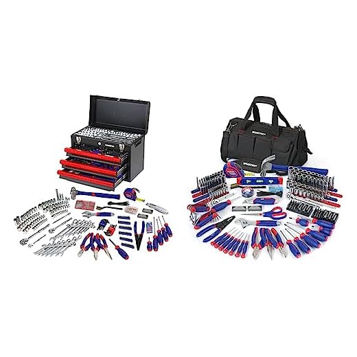 WORKPRO 408-Piece Mechanics Tool Set with 3-Drawer Heavy Duty Metal Box, W009044A & W009037A 322-Piece Home Repair Hand Tool Kit Basic Household Tool Set with Carrying Bag