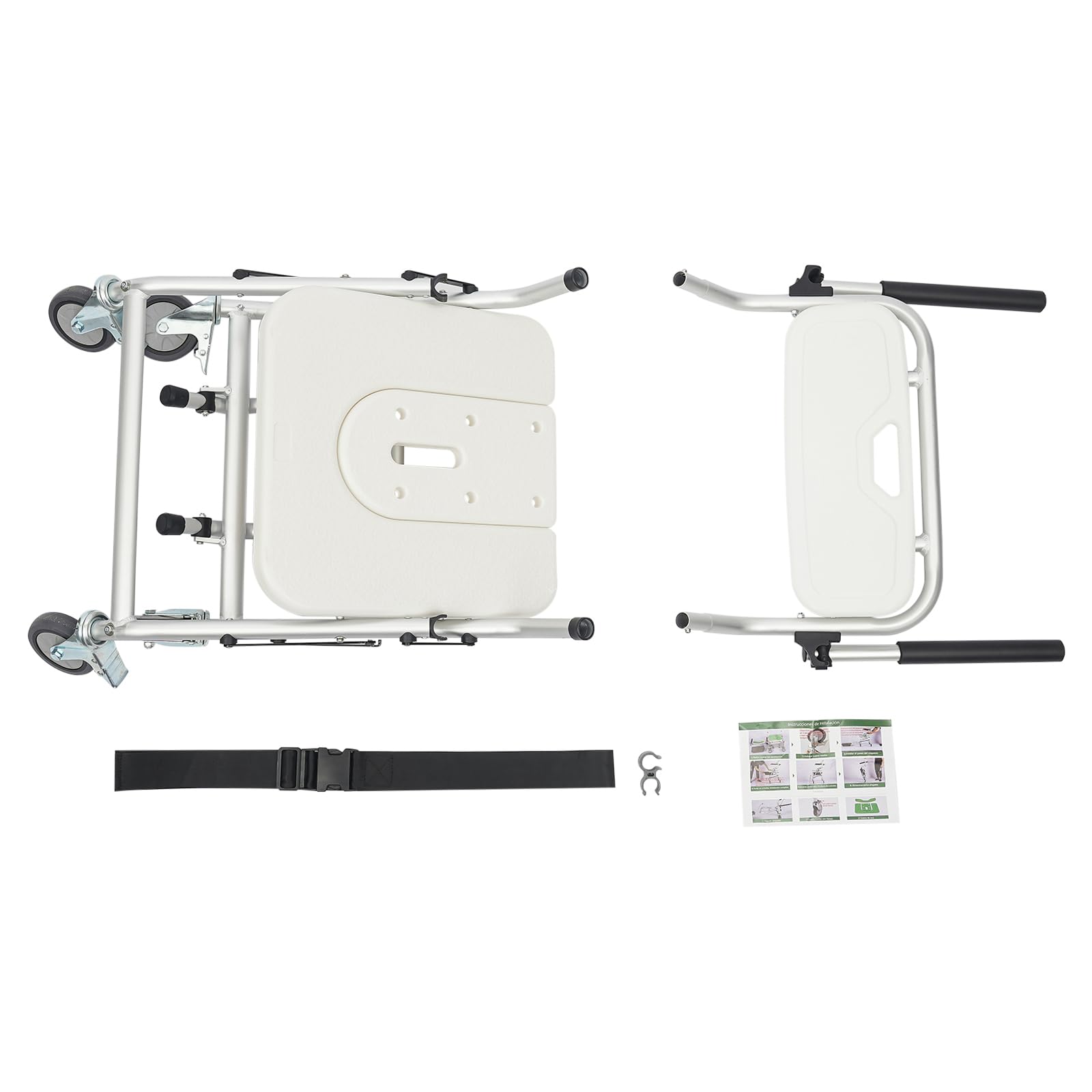 Taburete de ducha plegable con respaldo con 4 ruedas universales, soporta 150 kg, diseño plegable para baño, dormitorio, hospital, residencia, centros de rehabilitación, etc