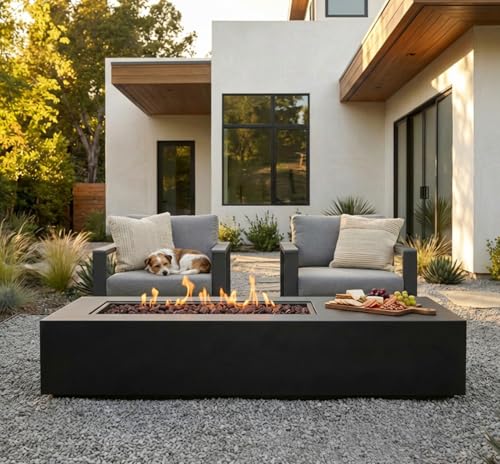 Image of Real Flame Aegean 72in Rectangle Propane or Natural Gas Fire Pit Table, 65,000 BTU, Powder-Coated Steel, Push-Button Ignition, CSA Certified, Stainless Steel Burner with Lid (Black)