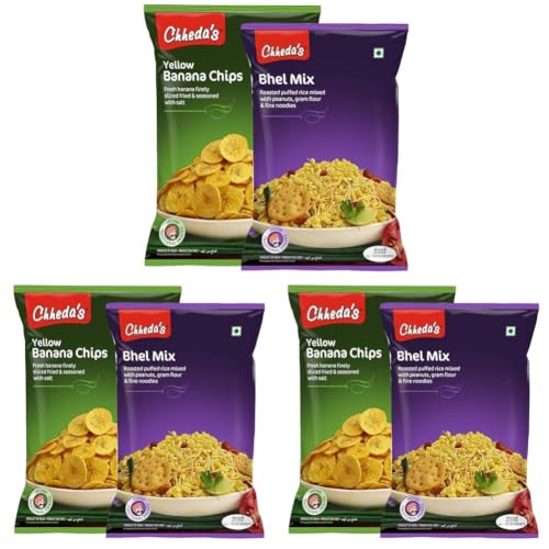 Image of Chheda's - Yellow Banana Chips (350Gm) and Bhel Mix (300Gm) | Banana Wafers | Indian Namkeen |Ready to Eat - Combo Pack (Pack of 3)