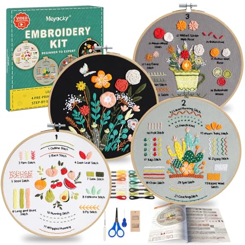 Meyocky Embroidery Kit for Beginners Adults 4-Piece Stitches Practice Kits with Stamped Patterns Step-by-Step Instructions & Stitch Videos Hoop Threads Needles Gift for Craft Lovers(Blue)