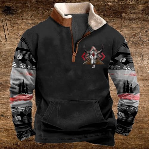 Men's Fall/Winter USA Flag Print Graphic Vintage Sweatshirt Fleece 1/4 Zipper Pullover with Pockets Plus Size2