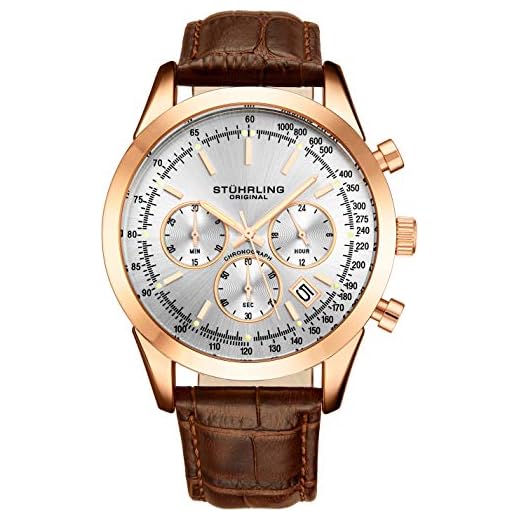Stuhrling Original Relógio social masculino, cronógrafo, analógico, mostrador com data, taquímetro, submostrador de 24 horas, pulseira de couro masculina, coleção Rialto, Ouro rosa, Rialto