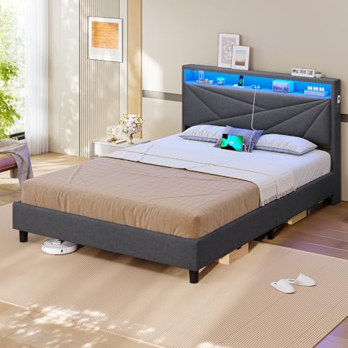 KIMENICH Lit 140x190 avec Sommier, Lit Double avec LED Réglable et Multiprise, Étagères Ouvertes et Rangement sous Sommier, Cadre de Lits 140x190...